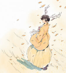 Rule 34 | 1boy, antlers, autumn, autumn leaves, axis powers hetalia, black hair, bowl cut, coat, day, dragon boy, falling leaves, field, from above, full body, grey footwear, hakama, haori, highres, holding, horn ornament, horns, japan (hetalia), japanese clothes, leaf, long sleeves, looking at viewer, looking back, looking up, male focus, nature, outdoors, short hair, solo, standing, tassel, tea (candyfoxx), wide sleeves, wind, yellow coat, yellow hakama, yellow theme