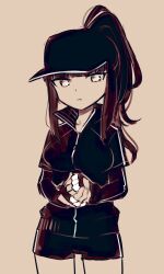 1girl baseball_cap blunt_bangs brass_knuckles breasts chaco_(eisu) eisu_(eith) fingerless_gloves gloves hat highres jacket long_hair medium_breasts monochrome original ponytail short_shorts shorts sidelocks simple_background track_jacket weapon white_background