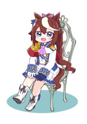 Rule 34 | 1girl, :d, animal ears, ascot, asymmetrical gloves, blue eyes, blue gloves, boots, brown hair, chair, chibi, colored shadow, commentary request, epaulettes, full body, gloves, hair between eyes, hair ribbon, highres, horse ears, horse girl, horse tail, jacket, long sleeves, looking at viewer, mismatched gloves, multicolored hair, nozo (hitomiz), on chair, open mouth, pink ascot, pink ribbon, pleated skirt, ponytail, ribbon, shadow, single epaulette, sitting, skirt, sleeves past wrists, smile, solo, streaked hair, tail, tokai teio (umamusume), umamusume, white footwear, white gloves, white hair, white jacket, white skirt