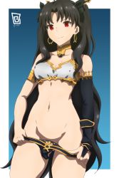 Rule 34 | 1girl, absurdres, asymmetrical sleeves, covered erect nipples, detached sleeves, earrings, elbow gloves, fate/grand order, fate (series), gloves, gluteal fold, highres, hoop earrings, ishtar (fate), jewelry, keihh, long hair, looking at viewer, navel, neck ring, panties, panty pull, parted bangs, pulled by self, red eyes, single detached sleeve, single elbow glove, solo, underwear, undressing, uneven sleeves
