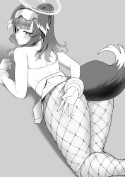 Rule 34 | 1girl, absurdres, animal ears, ass, back, bare shoulders, blue archive, blunt bangs, blush, breasts, dog ears, dog tail, eo masaka, fishnet pantyhose, fishnets, greyscale, halo, hibiki (blue archive), highres, long hair, lying, monochrome, on stomach, pantyhose, pleated skirt, ponytail, skirt, solo, sweatdrop, tail