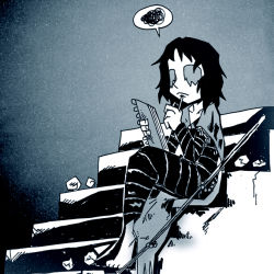 Rule 34 | 1girl, bandages, barefoot, blue theme, cape, collarbone, demon&#039;s souls, dress, holding, maiden in black, monochrome, notepad, paper, pen, setz, short hair, sitting, solo, speech bubble, spoken squiggle, spot color, squiggle, staff, stairs