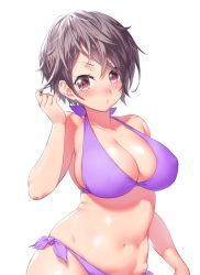 Rule 34 | 1girl, bikini, blush, breasts, cleavage, closed mouth, commentary request, eyes visible through hair, grey hair, hair between eyes, halterneck, hand in own hair, hand up, highres, large breasts, looking at viewer, messy hair, navel, onsoku inu, original, plump, purple bikini, purple eyes, shiny skin, short hair, side-tie bikini bottom, side-tie bottom, simple background, solo, stomach, swimsuit, white background