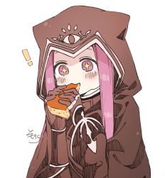 Rule 34 | !, + +, 1girl, animal ears, animal hood, black cloak, black gloves, blush, cloak, closed mouth, eating, fake animal ears, fate/grand order, fate (series), food, gloves, hands up, highres, holding, holding food, hood, hood up, hooded cloak, long hair, medusa (fate), medusa (lancer) (fate), medusa (rider) (fate), purple eyes, purple hair, rider, sidelocks, signature, simple background, sofra, solo, upper body, white background