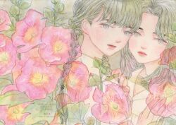 Rule 34 | 2022, 2girls, artist name, blank stare, braid, closed mouth, commentary, dated, eyebrows hidden by hair, floral background, flower, grey eyes, grey hair, hair behind ear, hand on another&#039;s chest, highres, leaf, light blush, long hair, medium hair, multiple girls, original, plant, purple flower, red lips, shirt, traditional media, twin braids, twitter username, upper body, watermark, white shirt, yana kotta, yuri