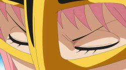 Rule 34 | 1boy, 1girl, animated, animated gif, armor, bare legs, battle, bikini armor, braid, breasts, cape, fighting, gladiator, helmet, jumping, large breasts, muscular, one piece, pain, pink hair, rebecca (one piece), sky, stadium, sweat, sword, weapon