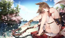 Rule 34 | 1girl, afloat, animal ears, anklet, ass, bare legs, bare shoulders, barefoot, black bow, blue sky, blurry, bow, branch, breasts, brown hair, bush, cherry blossoms, closed mouth, day, depth of field, detached sleeves, feet, flower, fox ears, fox tail, full body, highres, holding, holding staff, hugging own legs, ia (ias1010), jewelry, knees up, large breasts, long hair, long sleeves, looking at viewer, multiple tails, obi, ocean, original, outdoors, pelvic curtain, petals, pink flower, plantar flexion, ring, ripples, sash, shade, shiny skin, sideboob, sitting, sky, smile, solo, staff, swept bangs, tabard, tail, tassel, thighs, toes, tsurime, very long hair, water, yellow eyes
