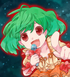 Rule 34 | 1girl, :d, bad id, bad pixiv id, bow, face, fang, green hair, looking at viewer, macross, macross frontier, makino (sinobusan), microphone, open mouth, pointing, ranka lee, red eyes, smile, solo