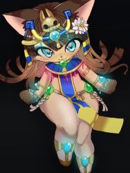 Rule 34 | 1girl, :3, animal ears, animal hands, armlet, bangle, bastet (cat busters), black background, blue eyes, blush, bracelet, brown footwear, brown hair, cat busters, cat ears, egyptian clothes, female focus, flower, full body, furry, furry female, gem, glowing, hair flower, hair ornament, happy, headpiece, highres, jewelry, knees together feet apart, loincloth, long hair, looking at viewer, onikuman, open mouth, pelvic curtain, sandals, simple background, sitting, smile, solo, whiskers, white flower