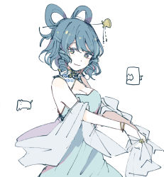Rule 34 | 1girl, adapted costume, blue dress, blue hair, bracelet, breasts, cleavage, commentary request, doodle, dress, hair ornament, hair rings, hair stick, jewelry, kaku seiga, looking at viewer, medium breasts, mozukuzu (manukedori), off-shoulder dress, off shoulder, ringlets, shawl, short hair, simple background, smile, solo, touhou, upper body, white background
