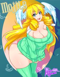 Rule 34 | 1girl, agawa ryou, artist name, ass, bare shoulders, blonde hair, blue eyes, breasts, cleavage, copyright request, curvy, eyebrows, feathers, female focus, huge ass, huge breasts, leaning forward, long hair, no bra, no pants, open mouth, panties, pink panties, plump, solo, standing, sweater, thick eyebrows, thighhighs, underwear, white wings, wide hips, wings