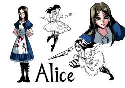 Rule 34 | 1girl, 2024, absurdres, alice: madness returns, alice in wonderland, alice liddell (american mcgee&#039;s alice), american mcgee&#039;s alice, american mcgee's alice, apron, black footwear, black hair, blood, blood on clothes, bloody weapon, blue dress, boots, clenched hands, collarbone, commentary, cropped torso, dress, expressions, eyeshadow, female focus, floating, floating hair, frilled dress, frills, green eyes, high heel boots, high heels, highres, holding, holding knife, holding weapon, horseshoe, jewelry, juliet sleeves, kirkirmaimai, knee boots, knife, long hair, long sleeves, looking at viewer, makeup, multiple views, necklace, pink lips, puffy short sleeves, puffy sleeves, purple eyeshadow, short sleeves, simple background, smile, solo, spot color, standing, standing on one leg, toon (style), weapon, white background