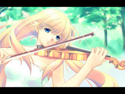 Rule 34 | 1girl, bare shoulders, blonde hair, blue eyes, elf, forest, grass, instrument, letterboxed, long hair, nature, outdoors, pointy ears, smile, solo, tama two (fukuya), tree, violin