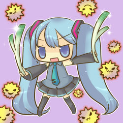 Rule 34 | blue eyes, blue hair, chibi, dual wielding, hatsune miku, holding, long hair, necktie, no nose, semausa, skirt, solo, sparkle, spring onion, thighhighs, twintails, vocaloid