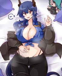 Rule 34 | 1girl, arknights, ashy (dankestsin), bed, blue hair, breasts, ch&#039;en (after storm) (arknights), ch&#039;en (arknights), dragon girl, dragon horns, dragon tail, hand on own stomach, highres, horns, hoshiguma (arknights), large breasts, long hair, looking at viewer, lying, navel, on back, pillow, red eyes, steaming body, stuffed toy, tail