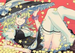 Rule 34 | 1girl, apron, aqua eyes, arm support, blonde hair, blue eyes, bow, braid, breasts, brooch, buttons, cross-laced clothes, female focus, flower, from side, grin, hair between eyes, hair flower, hair ornament, hand on headwear, hat, hat bow, jewelry, kirisame marisa, legs up, long hair, looking at viewer, lying, mattie, md5 mismatch, on back, one eye closed, panties, pantyshot, petticoat, puffy short sleeves, puffy sleeves, purple panties, reclining, red background, shoes, short sleeves, side braid, simple background, skirt, smile, solo, star (symbol), striped clothes, striped panties, thighhighs, touhou, underwear, upskirt, waist apron, wavy hair, white panties, white thighhighs, witch, witch hat, wristband