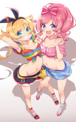 Rule 34 | 2girls, aqua eyes, arched back, armpits, arms behind head, ass, asymmetrical docking, baakurou, bare legs, bare shoulders, blonde hair, bow, bra, bra strap, breast press, breasts, breasts apart, collarbone, crop top, crotch, foreshortening, from above, full body, grin, hairband, highres, kiratto pri chan, lace, lace-trimmed skirt, lace trim, layered skirt, lgbt pride, long hair, looking at viewer, lowleg, lowleg skirt, midriff, moegi emo, momoyama mirai, multiple girls, navel, open mouth, pink bow, pink bra, pink hair, pink shirt, polka dot, ponytail, pretty series, purple eyes, shadow, shirt, simple background, skirt, small breasts, smile, star-shaped box, star (symbol), tied shirt, twintails, underwear