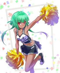 Rule 34 | 1girl, armpits, blunt bangs, bob cut, breasts, cheerleader, cleavage, clothes writing, commentary request, emerald sustrai, green hair, iesupa, miniskirt, navel, pom pom (cheerleading), red eyes, rwby, shoes, short hair with long locks, skirt, sneakers, solo, standing, standing on one leg, tongue, tongue out