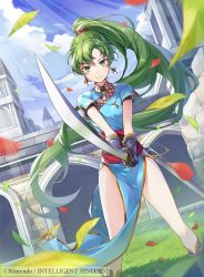 Rule 34 | 1girl, blue sky, boots, closed mouth, cloud, cloudy sky, commentary request, company connection, company name, copyright name, day, earrings, fire emblem, fire emblem: the blazing blade, fire emblem cipher, gloves, green eyes, green hair, holding, holding sword, holding weapon, jewelry, knee boots, legs, long hair, lyn (fire emblem), necklace, nintendo, official art, outdoors, pelvic curtain, petals, ponytail, ringozaka mariko, sheath, shiny skin, short sleeves, sky, smile, solo, sword, weapon
