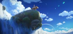 Rule 34 | animal focus, blue sky, cloud, commentary, cyclecircle, day, english commentary, highres, lens flare, moon, moss, no humans, outdoors, pumbaa, rainbow, rock, scenery, sky, sunlight, the lion king, timon (lion king), water, waterfall, wide shot