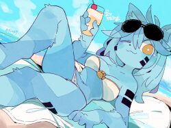 Rule 34 | 1girl, animal ears, beach, bikini, blue hair, blue skin, breasts, brown eyes, cleavage, colored skin, commentary, commission, cup, english commentary, eyewear on head, feet out of frame, furry, furry female, holding, holding cup, looking at viewer, massakasama, medium breasts, medium hair, original, outdoors, second-party source, skeb commission, solo, sunglasses, swimsuit, white bikini