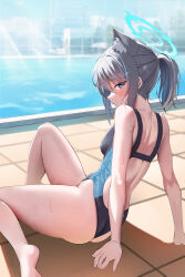 Rule 34 | 1girl, absurdres, animal ear fluff, animal ears, ass, blue archive, blue eyes, blush, breasts, closed mouth, competition swimsuit, cross hair ornament, day, fence, from side, grey hair, hair ornament, halo, highleg, highleg swimsuit, highres, knee up, leaning to the side, looking at viewer, looking to the side, official alternate costume, one-piece swimsuit, outdoors, ponytail, poolside, profile, shiroko (blue archive), shiroko (swimsuit) (blue archive), sitting, small breasts, solo, sunlight, swimsuit, thighs, wedgie, wet, wolf ears, yuchae