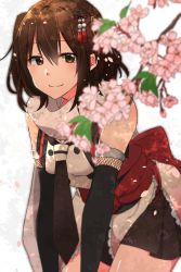 Rule 34 | 1girl, bare shoulders, black skirt, blurry, blurry foreground, branch, brown eyes, brown hair, brown necktie, cherry blossoms, closed mouth, cowboy shot, depth of field, detached sleeves, flower, hair between eyes, hair ornament, kantai collection, leaning forward, necktie, pleated skirt, rinto (rint rnt), scarf, sendai (kancolle), sendai kai ni (kancolle), short hair, skirt, smile, solo, standing, tassel, two side up, vest, white scarf
