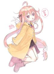 Rule 34 | 10s, 1girl, ahoge, animal, animal ears, artist name, boots, capriccio, coat, crescent, crescent hair ornament, full body, hair ornament, hair ribbon, heart, hibanar, highres, kantai collection, long hair, looking at viewer, open mouth, pink footwear, pink hair, rabbit, rabbit ears, rabbit hair ornament, raincoat, red eyes, ribbon, rubber boots, school uniform, serafuku, simple background, skirt, solo, twitter username, uzuki (kancolle), very long hair, white background