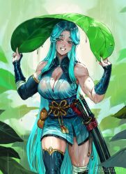 Rule 34 | 1girl, biceps, blue eyes, blue hair, blush, breasts, cleavage, elbow gloves, forest, gloves, gourd, highres, katana, large breasts, leaf, leaf on head, long hair, muscular, muscular female, nature, original, rain, robusta mania, sheath, sheathed, signature, solo, sword, thick thighs, thighhighs, thighs, toned, very long hair, weapon, wet