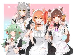 Rule 34 | 4girls, ahoge, alternate costume, animal ears, apron, black choker, black dress, brown hair, cellphone, choker, closed mouth, dress, enmaided, grey hair, guinaifen (honkai: star rail), hair between eyes, hands up, highres, holding, holding phone, honkai: star rail, honkai (series), huohuo (honkai: star rail), kemonomimi mode, kyoki (bakat), long hair, looking at viewer, low twintails, maid, maid apron, maid headdress, multiple girls, one eye closed, open mouth, orange eyes, parted lips, phone, scrunchie, short sleeves, side ponytail, smartphone, smile, standing, stelle (honkai: star rail), sushang (honkai: star rail), trailblazer (honkai: star rail), twintails, white apron, wrist scrunchie, yellow eyes