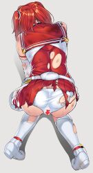Rule 34 | 1girl, all fours, censored, elbow gloves, escalation heroines, from behind, gin (ginshari), gloves, heart, heart censor, highres, panties, pleated skirt, red hair, red sailor collar, sailor collar, skirt, sonozaki akari, thighhighs, torn clothes, torn gloves, torn panties, torn skirt, underwear, white background, white gloves, white panties, white thighhighs