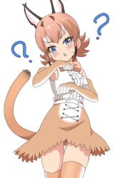 Rule 34 | 1girl, ?, animal ears, bare shoulders, belt, blue eyes, blush, bow, bowtie, caracal (kemono friends), center frills, chestnut mouth, cowboy shot, elbow gloves, frills, gloves, head tilt, ilyfon133, kemono friends, looking at viewer, medium hair, open mouth, orange hair, paw pose, shirt, simple background, skirt, sleeveless, sleeveless shirt, solo, tail, thigh gap, thighhighs, traditional bowtie, v-shaped eyebrows, white background, white shirt, zettai ryouiki