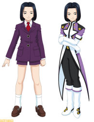 Rule 34 | 2others, androgynous, bare legs, belt, black eyebrows, black hair, black pants, blunt ends, breast pocket, brown footwear, buckle, buttons, clenched hand, closed mouth, coattails, collar, collared shirt, collared suit, crossed arms, double-breasted, elbow gloves, famitsu, formal, formal shorts, gloves, gold buttons, grey eyes, hair intakes, knees, kujou subaru, loafers, looking at viewer, multiple others, necktie, official art, pants, pocket, purple collar, purple shorts, purple sleeves, purple suit, purple uniform, red necktie, sakura taisen, sakura taisen v, second-party source, sega, shirt, shoe buckle, shoes, short shorts, shorts, simple background, single stripe, single vertical stripe, smile, socks, standing, straight hair, striped clothes, striped pants, suit, two-tone collar, vertical-striped clothes, vertical-striped pants, white background, white collar, white footwear, white gloves, white sleeves, white socks