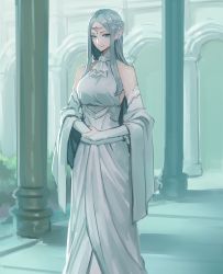 Rule 34 | 1girl, blue eyes, blue hair, breasts, circlet, damegane, dress, ear ornament, elbow gloves, elf, female focus, gloves, highres, large breasts, long hair, looking at viewer, matching hair/eyes, original, pointy ears, sleeveless, smile, solo