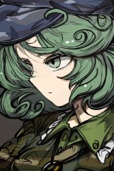 Rule 34 | 1girl, black hat, buttons, camouflage, camouflage headwear, close-up, curly hair, frilled shirt collar, frills, green eyes, green hair, green shirt, grey background, hat, highres, nfwtk, serious, shirt, short hair, solo, swept bangs, touhou, unconnected marketeers, yamashiro takane