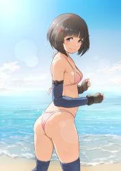 Rule 34 | 1girl, ass, bare shoulders, beach, bikini, black eyes, black hair, blue sky, blue thighhighs, blunt bangs, blush, breasts, brown gloves, closed mouth, cloud, collarbone, commentary request, day, elbow gloves, fingerless gloves, from behind, gloves, hair ornament, hairclip, halterneck, highres, horizon, kiikii (kitsukedokoro), lens flare, lin lee koo, looking at viewer, looking back, nintendo, ocean, outdoors, pink bikini, sky, small breasts, smile, solo, sparkle, string bikini, sunlight, swimsuit, thighhighs, water, xenoblade chronicles (series), xenoblade chronicles x