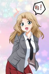 Rule 34 | +++, 1girl, :d, abimaru gup, arms behind back, blazer, blonde hair, blouse, blue eyes, collared shirt, commentary request, cowboy shot, english text, girls und panzer, grey jacket, hair intakes, highres, jacket, kay (girls und panzer), long hair, long sleeves, looking at viewer, miniskirt, multicolored background, necktie, open clothes, open jacket, open mouth, partial commentary, pleated skirt, red skirt, saunders school uniform, school uniform, shirt, skirt, sleeves rolled up, smile, solo, standing, thighhighs, white shirt, white thighhighs, wing collar