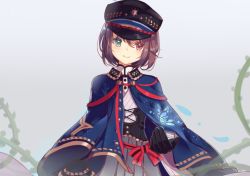 Rule 34 | 1girl, binan xian lu, black gloves, black hat, blush, brown hair, bug, butterfly, closed mouth, gloves, green eyes, hat, heterochromia, insect, looking at viewer, red eyes, rozen maiden, short hair, smile, solo, souseiseki, upper body
