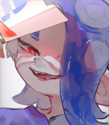 Rule 34 | 1girl, blue hair, folding fan, hair over one eye, hand fan, highres, holding, holding fan, long hair, nintendo, octoling, open mouth, red eyes, reureu, shiver (splatoon), simple background, smile, solo, splatoon (series), splatoon 3, suction cups, tentacle hair, upper body, white background