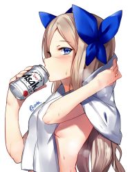 Rule 34 | 10s, 1girl, asakaze (kancolle), beer can, blonde hair, blue eyes, blue ribbon, can, drink can, drinking, hair ribbon, kantai collection, long hair, naked towel, orihi chihiro, ribbon, simple background, solo, sweat, towel, twitter username, white background