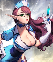 Rule 34 | 1girl, alternate costume, bent over, black thighhighs, breasts, brown hair, card (medium), chaos online, choker, cleavage, female focus, garter straps, glasses, gloves, green eyes, hat, large breasts, lips, long hair, looking at viewer, love cacao, nurse, nurse cap, official art, parted lips, pointy ears, reiden, solo, syringe, thighhighs