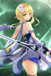 Rule 34 | 1girl, back, bare shoulders, blonde hair, commission, cowboy shot, detached sleeves, dress, flower, from behind, genshin impact, hair flower, hair ornament, highres, holding, holding sword, holding weapon, hyurasan, looking at viewer, looking back, lumine (genshin impact), pixiv commission, red eyes, reverse grip, short hair with long locks, solo, sword, thighs, weapon, white dress