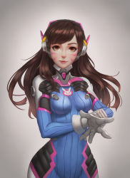 Rule 34 | 1girl, absurdres, bodysuit, breasts, brown eyes, brown hair, d.va (overwatch), facial mark, gloves, headphones, highres, impossible clothes, impossible shirt, lipgloss, lips, long hair, looking at viewer, medium breasts, overwatch, overwatch 1, parted lips, pilot suit, qian yi, shirt, skin tight, smile, solo, swept bangs, whisker markings, white gloves