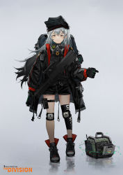 Rule 34 | 1girl, alternate costume, assault rifle, black gloves, closed mouth, full body, g11 (girls&#039; frontline), girls&#039; frontline, gloves, grey eyes, gun, hat, highres, knee pads, long hair, looking at viewer, mask, unworn mask, messy hair, rifle, silver hair, simple background, tom clancy&#039;s the division, weapon, yuuki mix