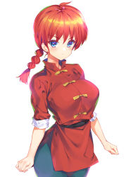 Rule 34 | 1girl, blouse, blue eyes, braid, braided ponytail, breasts, bucchake (asami), cleavage, curvy, frown, genderswap, genderswap (mtf), high collar, large breasts, long hair, ponytail, ranma-chan, ranma 1/2, red hair, red shirt, saotome ranma, shirt, simple background, single braid, sleeves rolled up, solo, upper body, white background