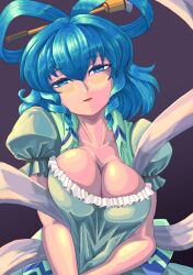 Rule 34 | 1girl, absurdres, blue dress, blue eyes, blue hair, blush, breasts, chisel, ciapolilla, cleavage, dress, drill hair, drill sidelocks, hair ornament, hair rings, hair stick, hat ornament, highres, kaku seiga, large breasts, looking at viewer, open clothes, open mouth, open vest, puffy sleeves, shawl, short hair, short sleeves, sidelocks, smile, solo, touhou, vest, white vest