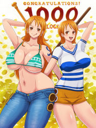 Rule 34 | 1girl, absurdres, breasts, dual persona, highres, huge breasts, long hair, midriff, mikanberry, nami (one piece), aged up, one piece, orange hair, short hair, aged down