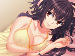 Rule 34 | 1girl, babydoll, bare arms, bare shoulders, bed, black hair, blush, breasts squeezed together, breasts, collarbone, covered erect nipples, eyebrows, game cg, isse, large breasts, long hair, looking back, lying, on side, pillow, red eyes, simple background, sleeveless, smile, solo, torotoro rich: nee-chan to sono tomodachi to boku., upper body