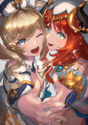 Rule 34 | 2girls, announ (kurotya), armlet, barbara (genshin impact), bare shoulders, blonde hair, blue eyes, blue skirt, blush, bracer, breasts, brooch, detached collar, detached sleeves, dress, fake horns, genshin impact, green eyes, hair ornament, harem outfit, highres, horns, jewelry, large breasts, long hair, long sleeves, looking at viewer, low twintails, medium breasts, multiple girls, neck ring, nilou (genshin impact), one eye closed, open mouth, puffy long sleeves, puffy sleeves, red hair, sash, sidelocks, skirt, smile, thighs, twintails, veil, water drop, white dress, white headwear