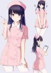 Rule 34 | 1girl, absurdres, black hair, blush, buttons, clipboard, closed mouth, covering privates, covering crotch, cowboy shot, cropped legs, embarrassed, flying sweatdrops, grey background, hat, highres, holding, holding clipboard, holding syringe, idolmaster, idolmaster shiny colors, kazano hiori, looking at viewer, looking down, miyar2d2, mole, mole under mouth, multiple views, nurse, nurse cap, pantyhose, purple eyes, purple hair, short sleeves, simple background, smile, syringe, translation request, white pantyhose